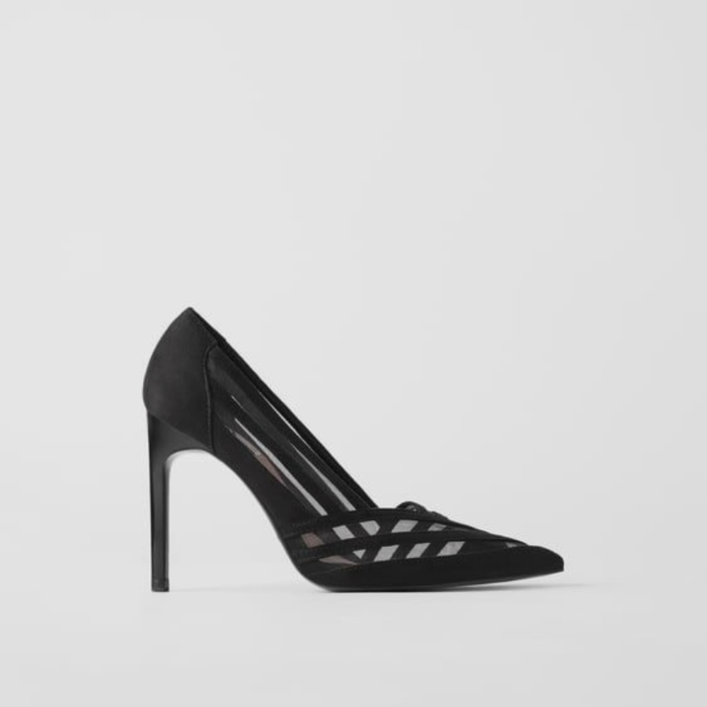 Black pointed toe mesh detail Zara heels